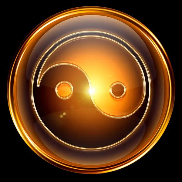 Yin yang símbolo ícone dourado, isolado no fundo preto . — Fotografia de Stock