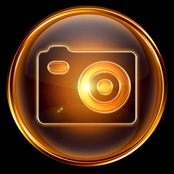 Icono de cámara dorado, aislado sobre fondo negro . — Foto de Stock