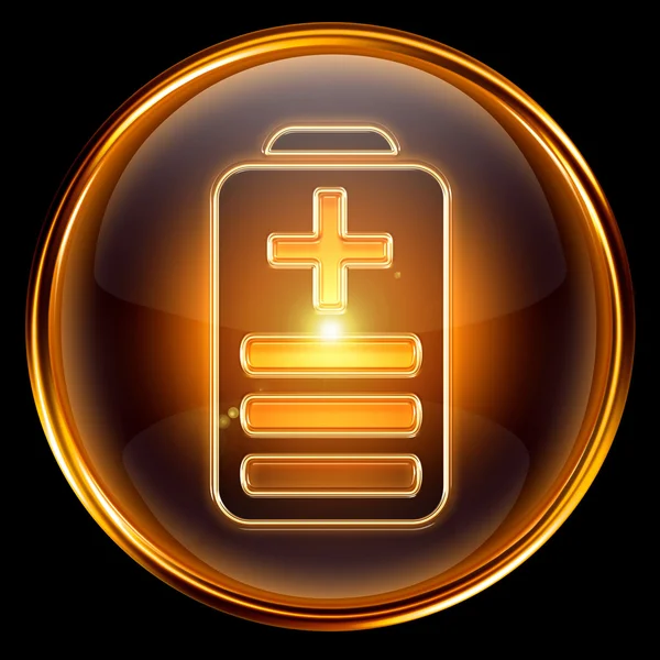Battery icon golden, isolated on black background — Stock Photo, Image