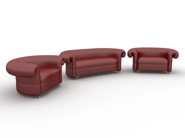 Rode sofa en twee fauteuils — Stockfoto