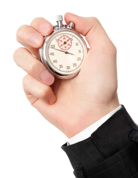 Του ανθρώπου χέρι που κρατά το χρονόμετρο με διακόπτη, που απομονώνονται σε λευκό φόντο. — Φωτογραφία Αρχείου