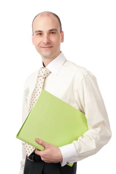 Retrato de um jovem homem de negócios feliz segurando uma pasta — Fotografia de Stock