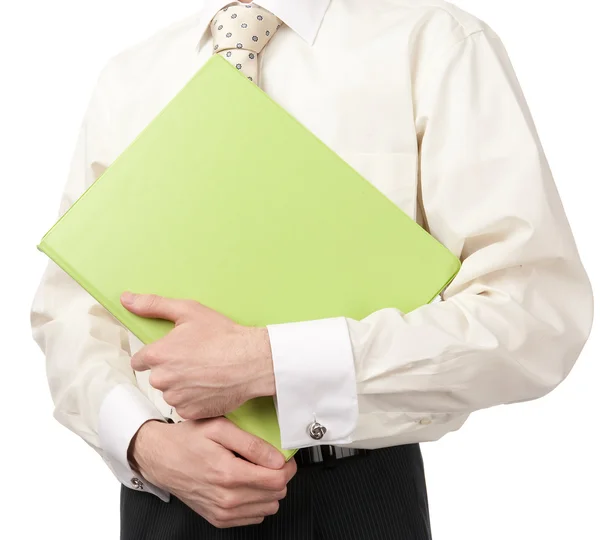 Бизнесмен держит зеленую папку — стоковое фото