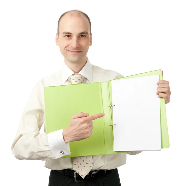 Uomo d'affari che punta sul foglio bianco nella sua cartella — Foto Stock