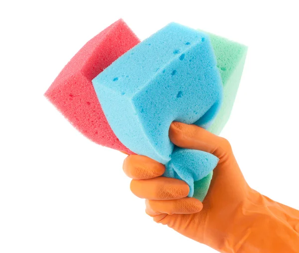 Рука в перчатке с губками для мытья — стоковое фото