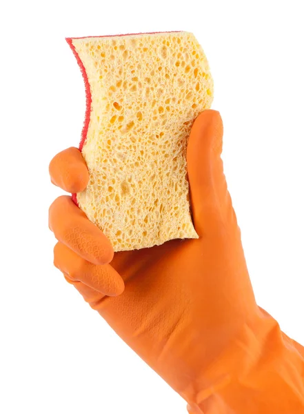 Рука в помаранчевій рукавичці з губкою — стокове фото