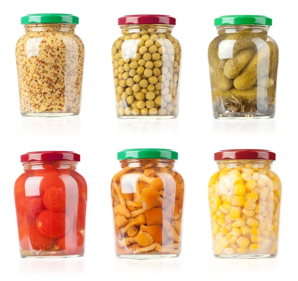 stock image Glass jars with tinned vegetables