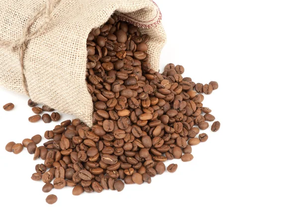Kaffebönor i canvas säck — Stockfoto
