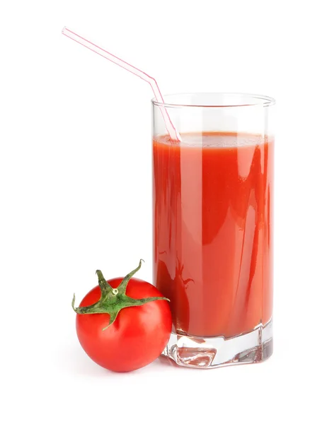 Glass of tomato juice and ripe fresh tomato near — Stock Photo, Image