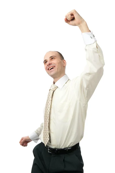 Empresário bonito excitado com braço levantado — Fotografia de Stock