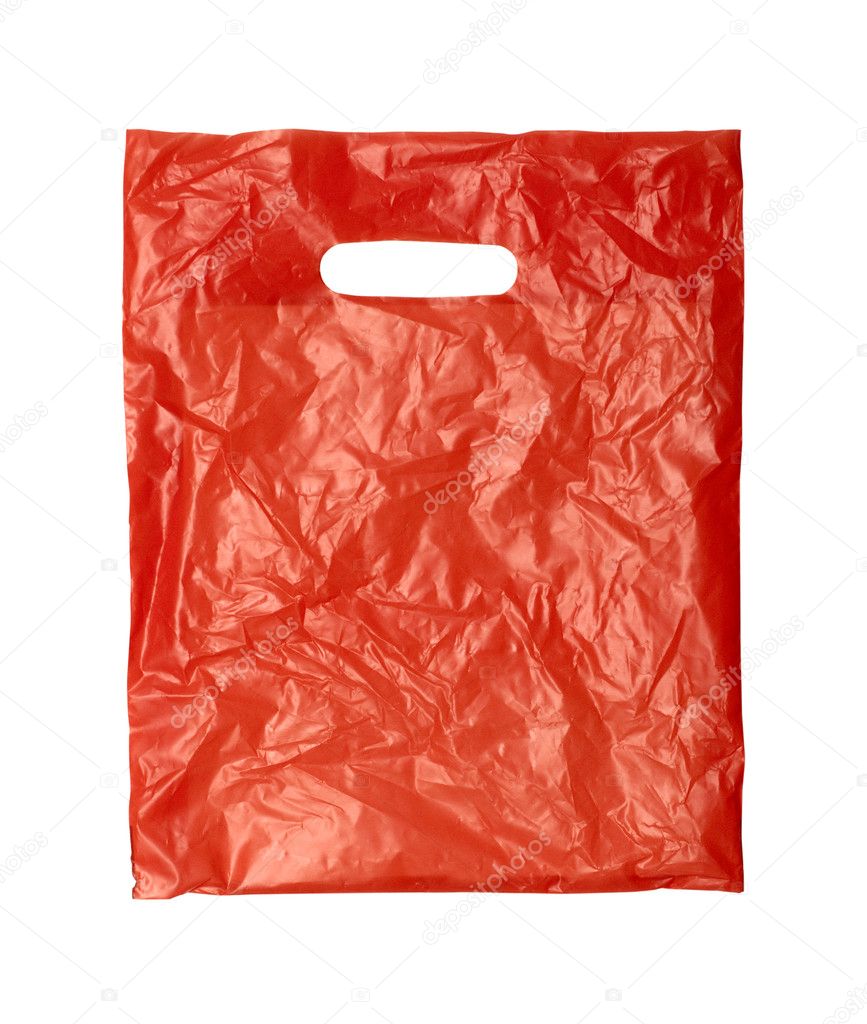 Close up of a orange plastic bag on white background with clippi