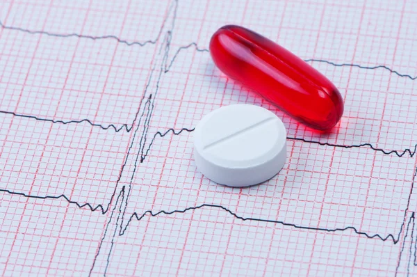 Capsule and tablet on cardiogram. — Stock Photo, Image