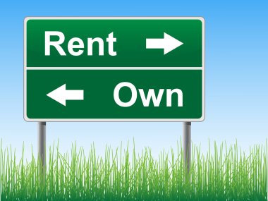 Rent and Own road sign on the sky background, grass underneath. clipart