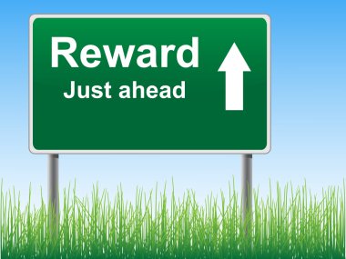 Reward road sign on the sky background, grass underneath. clipart