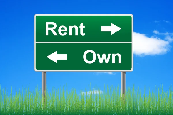 stock image Rent and own road sign on sky background, grass underneath.