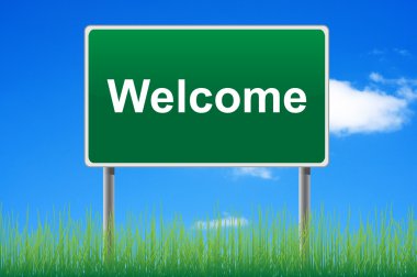 Welcome, concept road sign on sky background. clipart