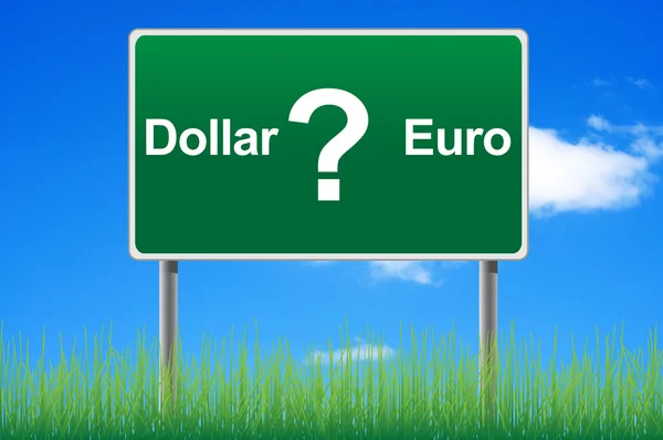 stock image Dollar or euro, concept road sign on sky background.