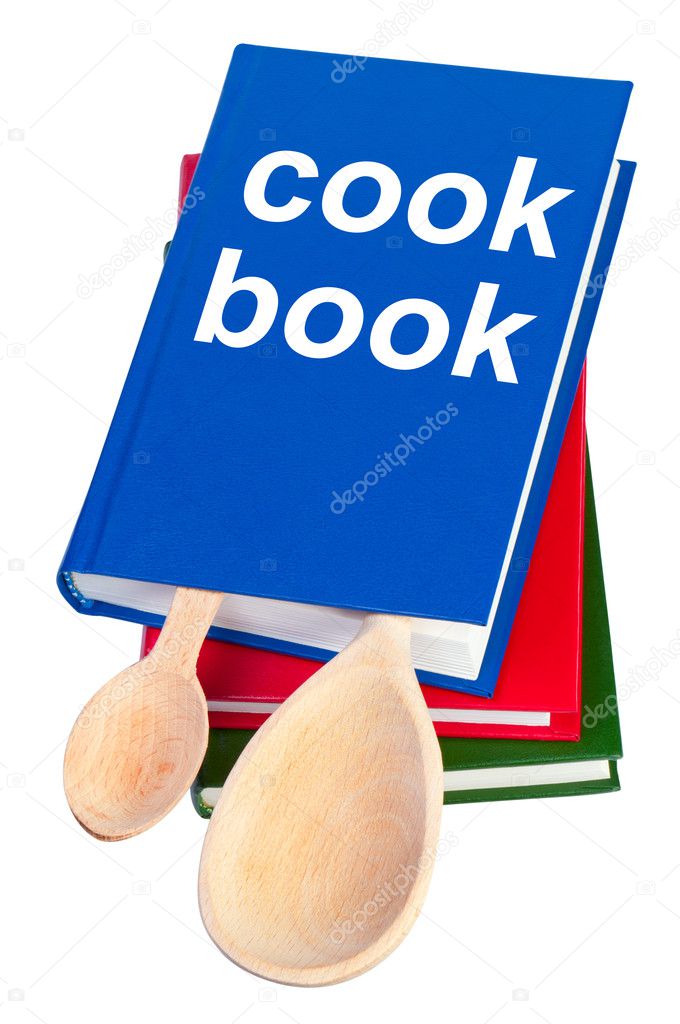 Cookbook and kitchenware isolated on white background.