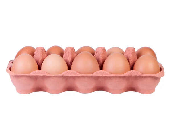 stock image Chicken eggs in carton tray isolated on white background.