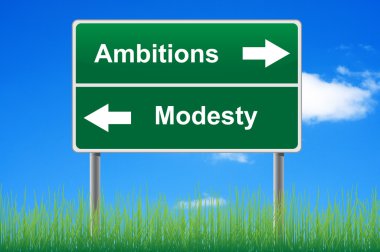 Ambitions modesty signpost on sky background, grass underneath. clipart