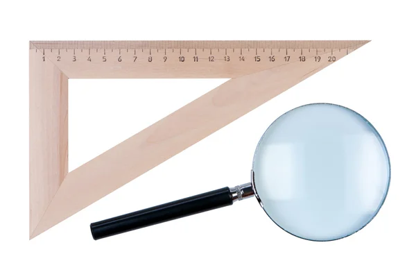 Ruler angle and magnifier isolate on white background. — Stock Photo, Image