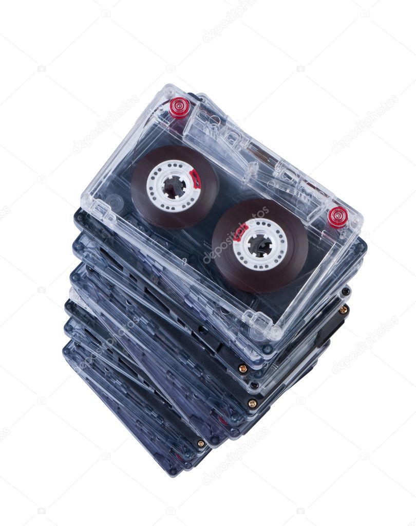 Stack audio cassettes isolate on white background.