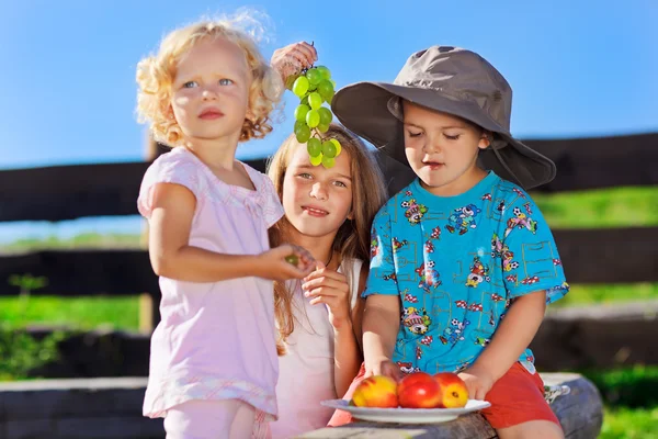 Linda niña rubia y niño en sombrero divertido jugando con frutas —  Fotos de Stock