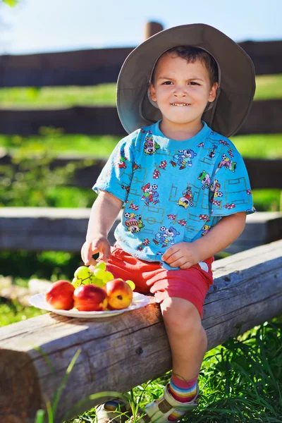 Маленький мальчик в смешной шляпе с фруктами, сидящими на деревенском бревно — стоковое фото