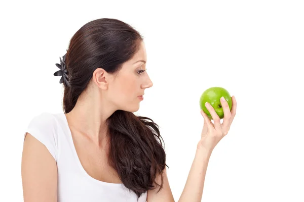 Yeşil elma genç çekici kadın — Stok fotoğraf