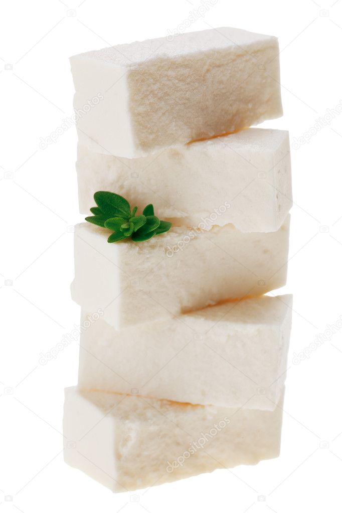 Feta cheese cubes with thyme twig