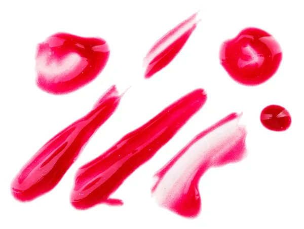 Κόκκινα χείλη υγρών γυαλιστερό δείγματα, που απομονώνονται σε λευκό — Φωτογραφία Αρχείου