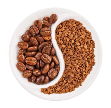 Natural coffee beans versus instant one in Yin Yang shaped plate clipart