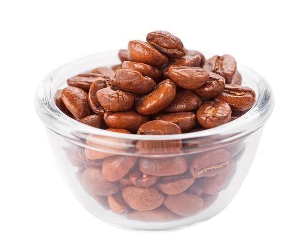 Natural coffee beans heap in transparent glass bowl, isolated on — Stock Photo, Image