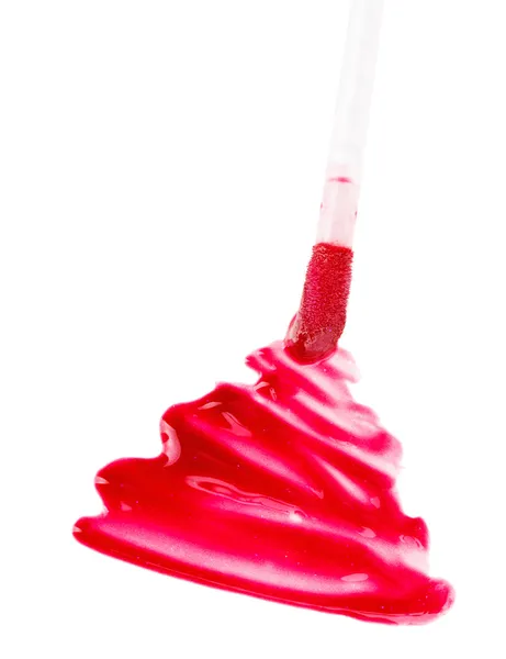 Vörös folyadék ajkak fényes stroke ecsettel, elszigetelt fehér — Stock Fotó
