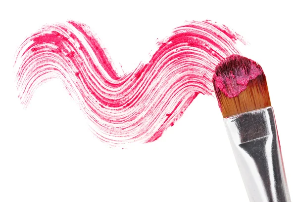 Ροζ κραγιόν εγκεφαλικό επεισόδιο (δείγμα) με βούρτσα μακιγιάζ, απομονωμένη σε whi — Φωτογραφία Αρχείου