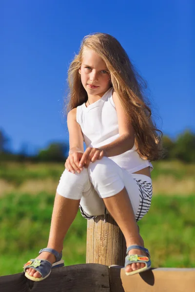 Linda niña con pelo largo rubio retrato al aire libre en frente —  Fotos de Stock