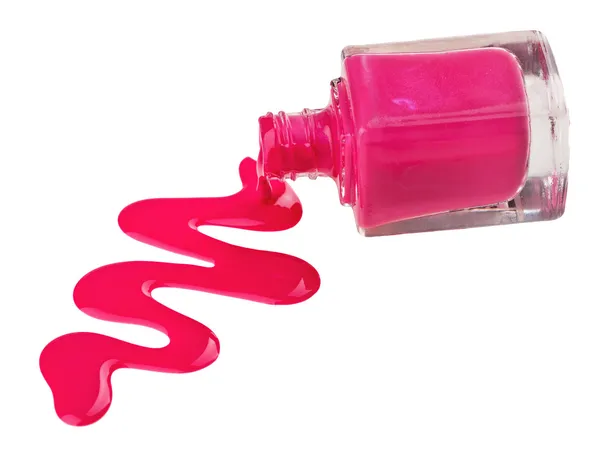 Garrafa de esmalte rosa com amostras de gota de esmalte, isolado em — Fotografia de Stock