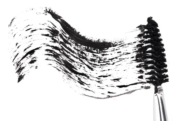 Skok czarny tusz do rzęs z aplikatorem szczotki, na białym tle — Zdjęcie stockowe