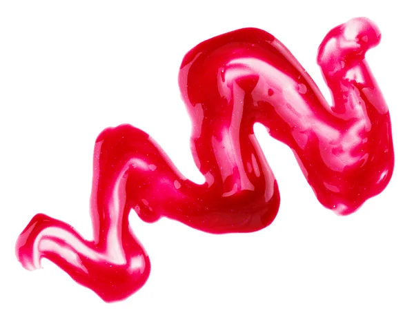 Örnekleri, üzerinde beyaz izole kırmızı sıvı dudakları parlak — Stok fotoğraf