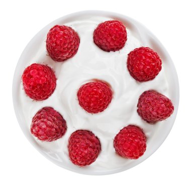 Red ripe raspberry fruit in small round plate with sour cream, i clipart