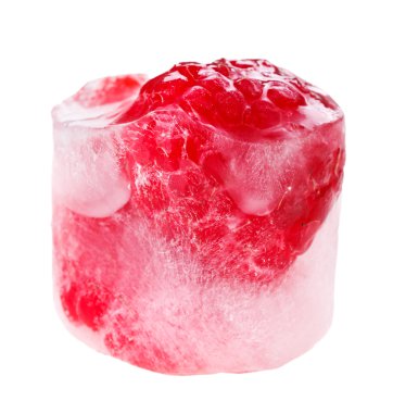 Red raspberry inside of melting ice cube, isolated on white clipart