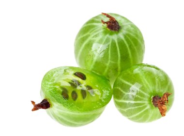 Whole and cross-section of gooseberry fruit isolated on white, m clipart