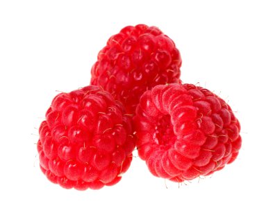 Three red ripe raspberry fruit, isolated on white macro clipart