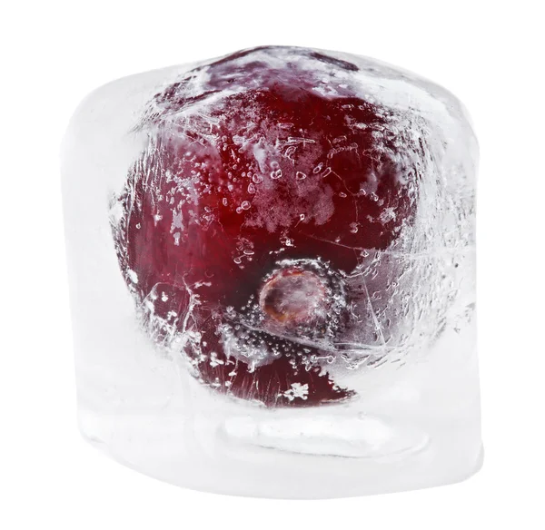 Red sweet cherry inside of melting ice cube, isolated on white — Stock Photo, Image