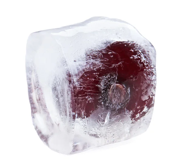 Red sweet cherry inside of melting ice cube, isolated on white — Stock Photo, Image