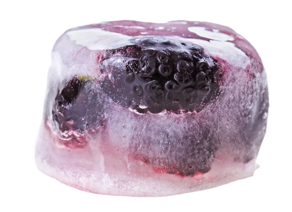 Einige schwarze Maulbeerfrüchte im Inneren des schmelzenden Eiswürfels, isoliert — Stockfoto