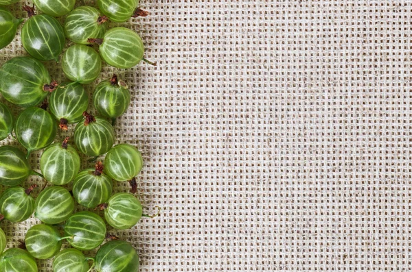 Många krusbär frukter på grått linne duk med kopia utrymme — Stockfoto