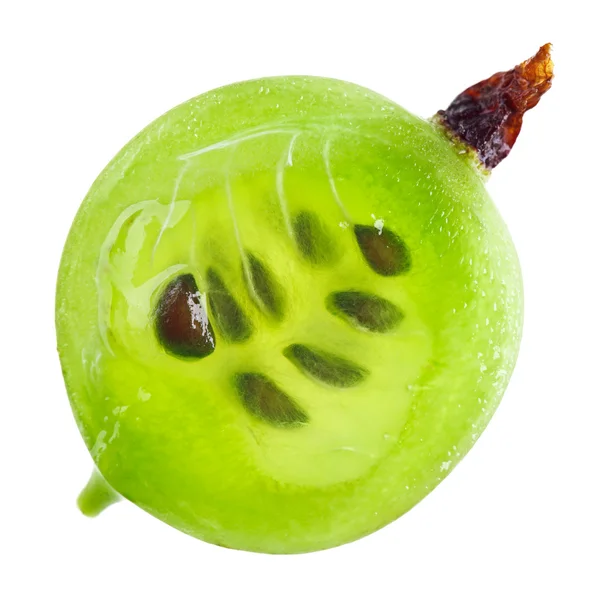 Cross-section of green gooseberry fruit isolated on white, macro — Stock Photo, Image