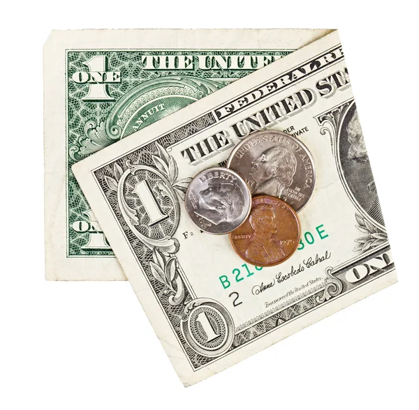 Натюрморт с одним старым долларом и монетами, кризис экономики — стоковое фото