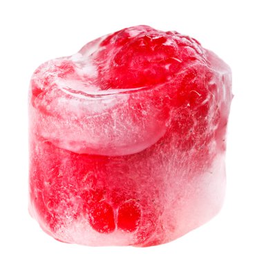 Red raspberry inside of melting ice cube, isolated on white clipart